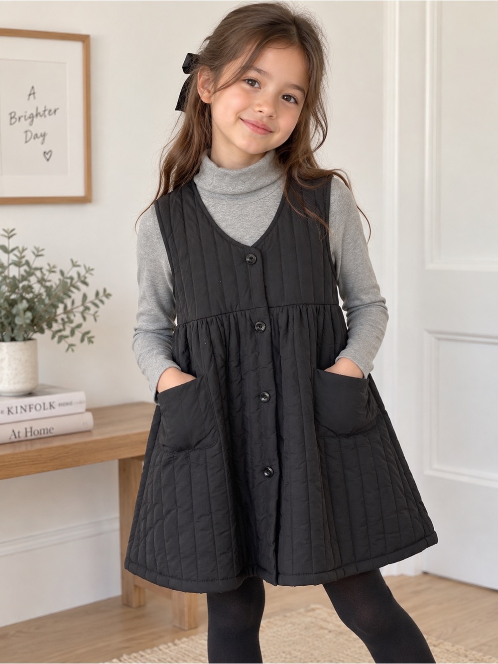 Black Quilted Puffer Vest Dress with Gray Turtleneck Top – Girls’ Fall Outfit